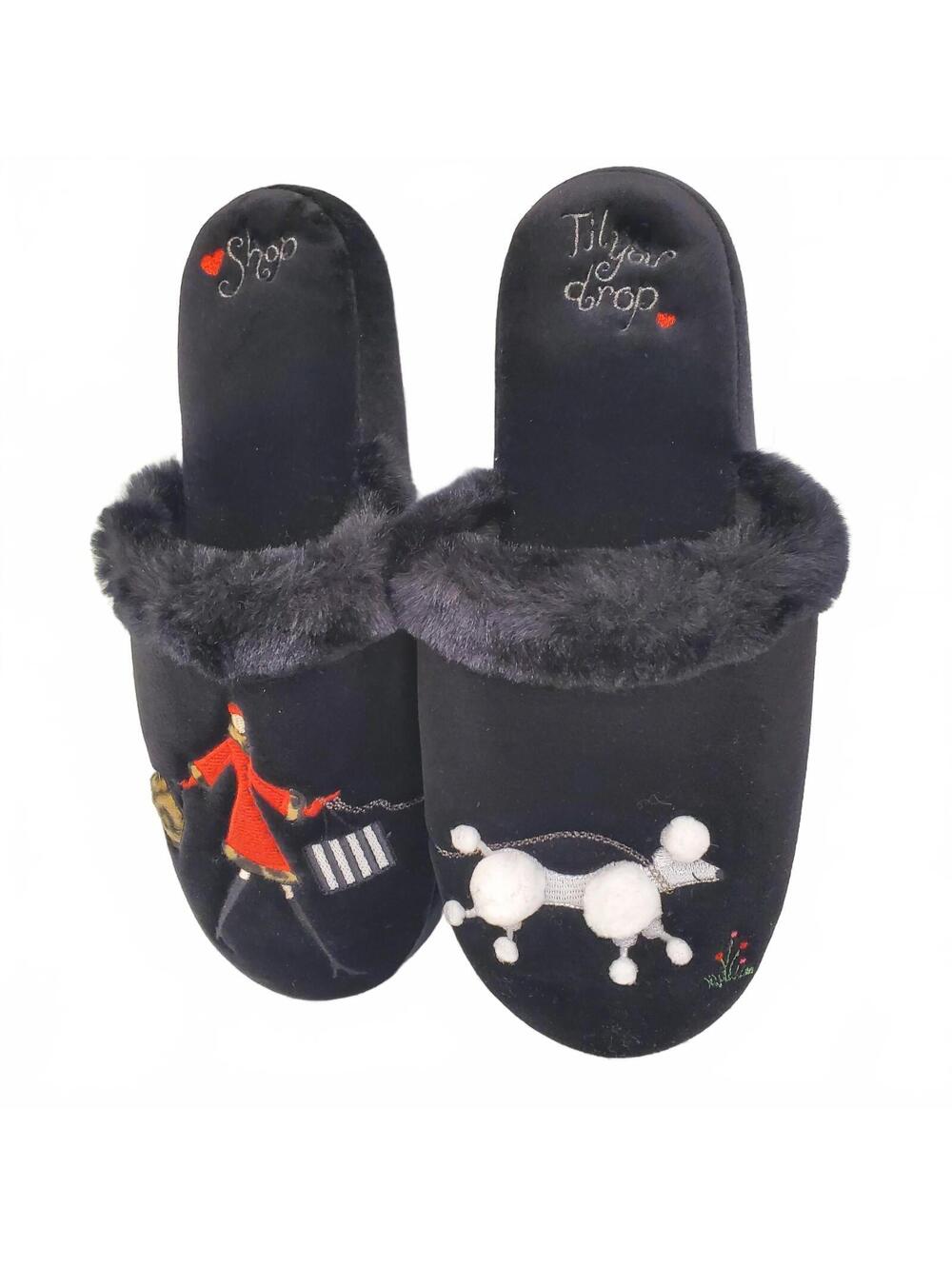 Totes Isotoner Black Faux Fur Slippers Shop Til You Drop Womens XL - Picture 3 of 11